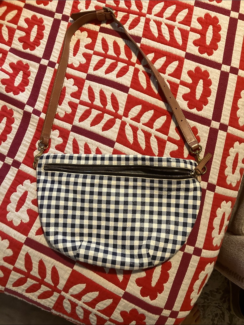 Clare V x Heather Taylor Home Navy and White Gingham Crossbody with Brown Strap